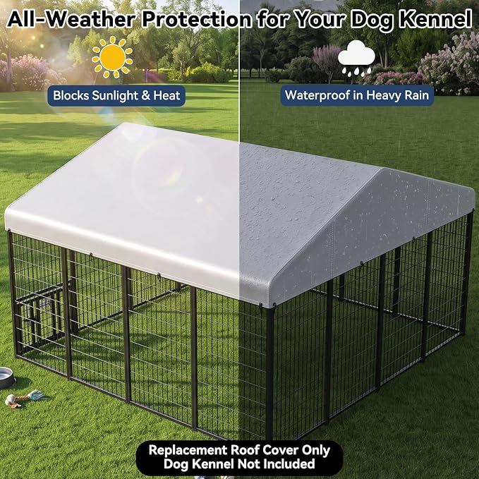 ROOMTEC 10 x 10 FT Outdoor Dog Kennel Cover, Replacement Canopy Only | Silver, 210D Coated Oxford, Waterproof, UV, 18 Secure Fasteners, Designed for ROOMTEC Kennels