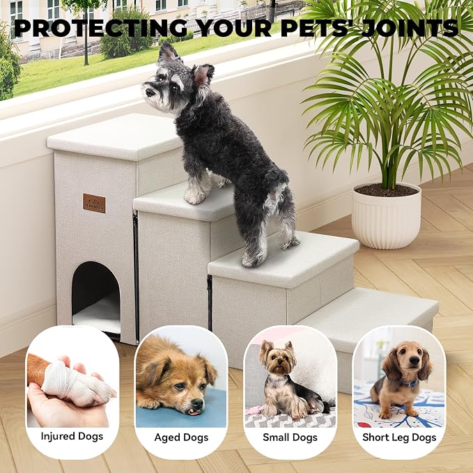 Zerbuger Dog Stairs with Storage, Beige 4 Steps Dog Ramp with Condo for Bed | 23" H Wider Dog Steps for High Beds Couch, Folding Storage Pet Stairs Gift for Climbing Small/Medium/Large Old Dogs Cats