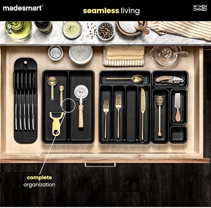 madesmart Classic 2 Compartment Compact Utensil Tray, Carbon | non slip feet, rounded corners, soft grip lining, wide channels, spatulas whisks tongs, ladles serving spoons, woman owned