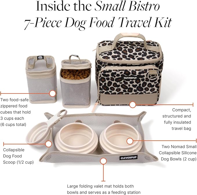 Small 7-Piece Bistro Box Dog Food Travel Kit, 6-Cup BPA-Free Kibble Storage, 2 Silicone Bowls, Mat & Scoop - Portable Pet Food Kit for Weekends, Overnights, Daycare & Camping, Leopard