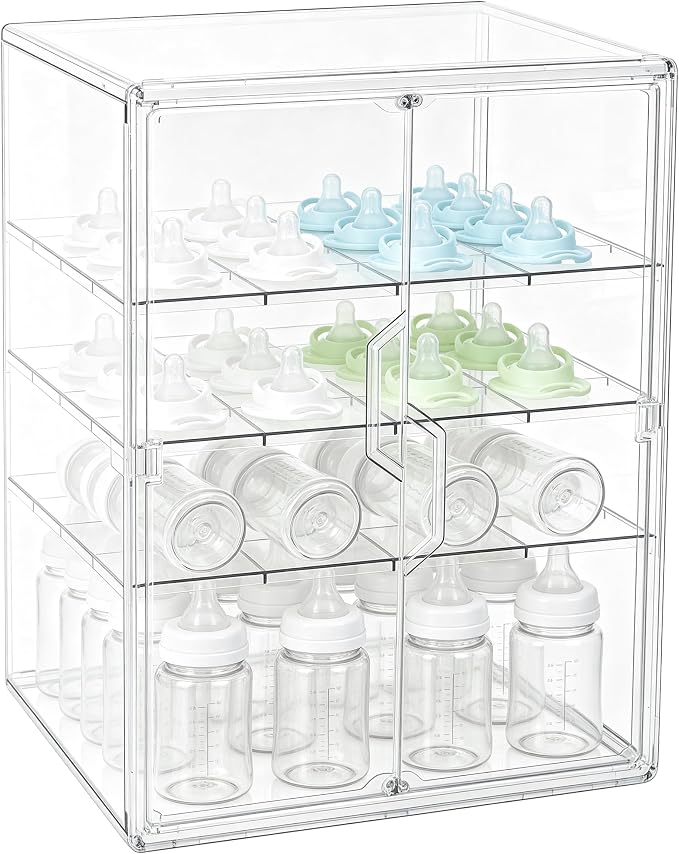 ERTIUANIO Baby Bottle Organizer for Countertop Cabinet Storage | 4 Tier Adjustable Clear Acrylic Station Container with 3 Removable Dividers for Vanity, Bathroom, Nursery, Gifts for New Mom
