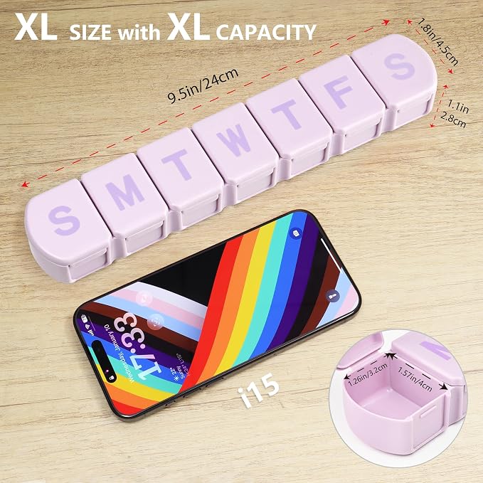 Extra Large Weekly Pill Box Organizer 7 Day, MOLN HYMY 1 Week Jumbo Pill Dispenser Case One Time a Day, Daily Med Container to Hold Vitamin and Supplement (Purple)