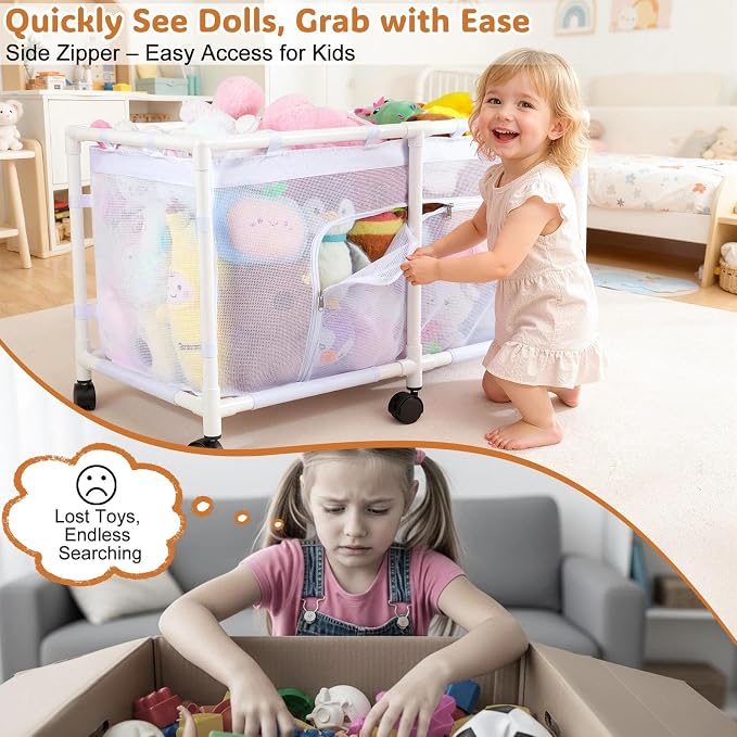 FIOBEE Toy Box for Girls Boys with See-Through Mesh & 360° Rotating Wheels | Kids Toy Chest Organizer, Stable Structure & Easy Install, Extra Large Storage Bin for Clothes, Ball, Pet Toys, Swimming Ring