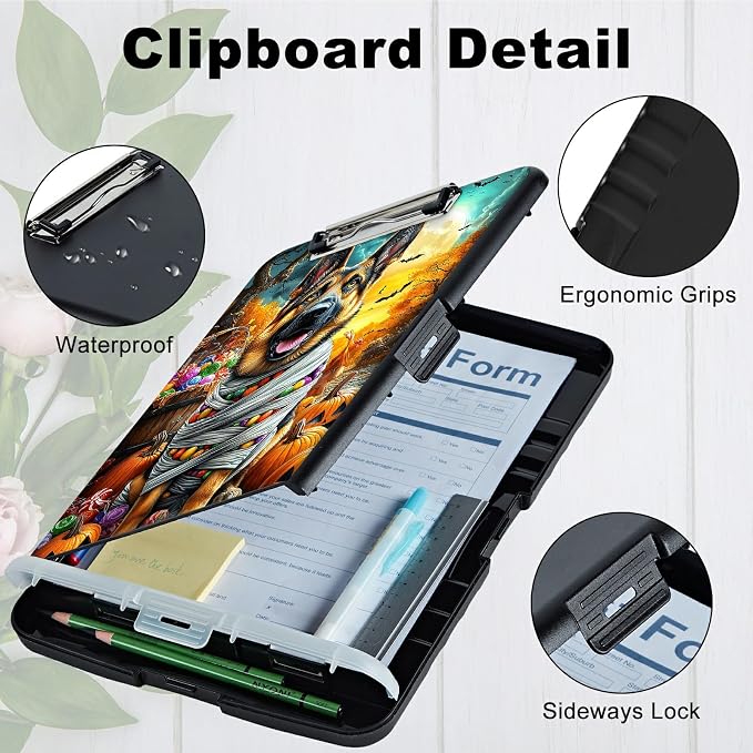 A4 Clipboard with Storage Pen Holder, Clipboards Organizer Nursing Clipboard Foldable File Folder Plastic Clipboard Folio Clip Board for Office Work Classroom Doctor, Pumpkin Puppy