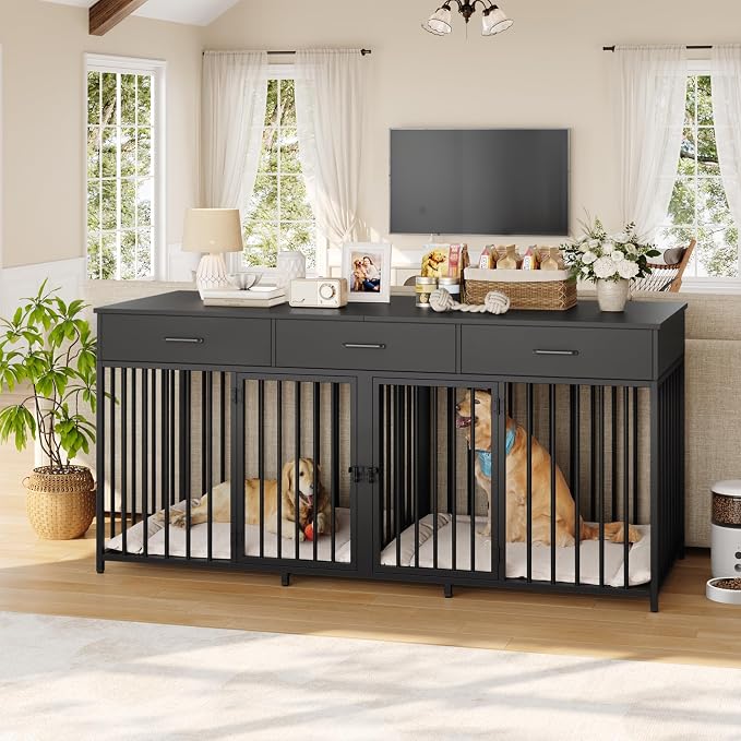 HOSTACK Double Dog Crate, 71"W Indoor Dog Kennel Furniture for 2 Dog, Black | 3 Drawers for Easy Storage, Heavy-Duty Cage, Removable Divider, Slide Bolt Latch, Modern Farmhouse Pet House for XL/XXL Dogs