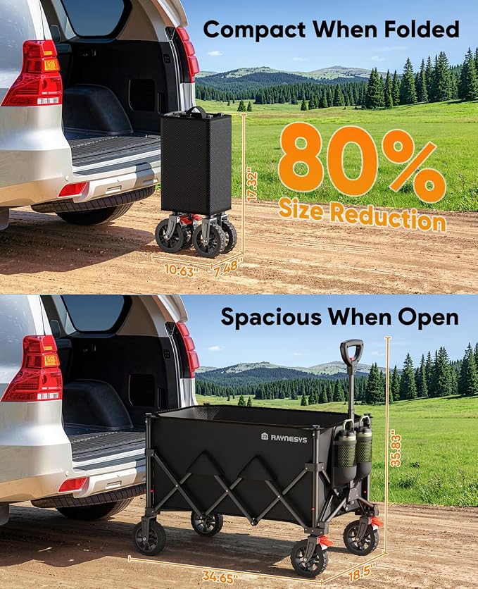 Collapsible Wagon Cart with Wheels, 330LBS for Grocery Shopping Camping | 150L Collapsible Wagon with Wheels,Heavy Duty Foldable Wagon,Portable Utility Carts for Camping Grocery Garden Shopping
