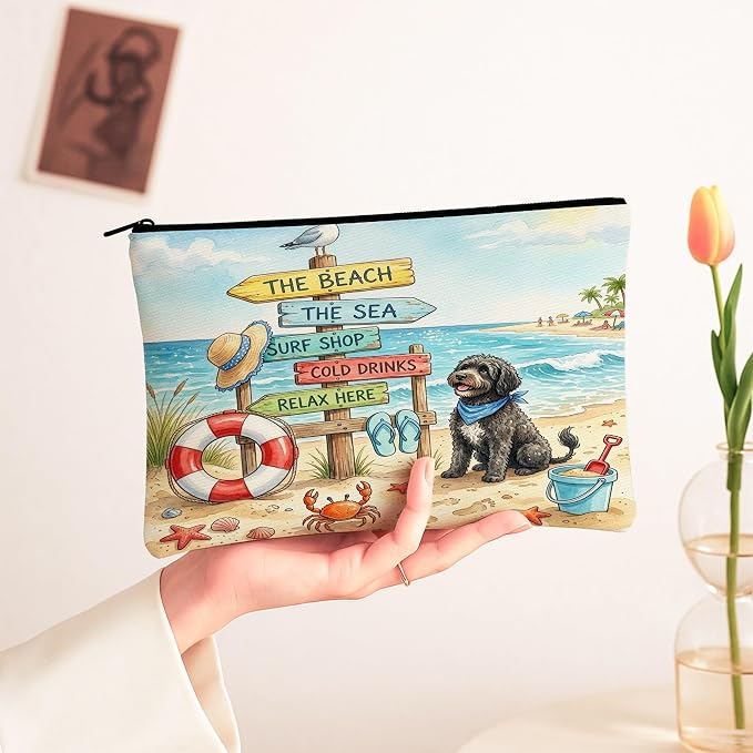 Portuguese Water Dog Makeup Bag, Cute Coastal Beach Seaside Cosmetic Travel Pouch for Women, Gifts for Girls, Pet Portable Small Canvas Zipper Organizer 7x9 Inch