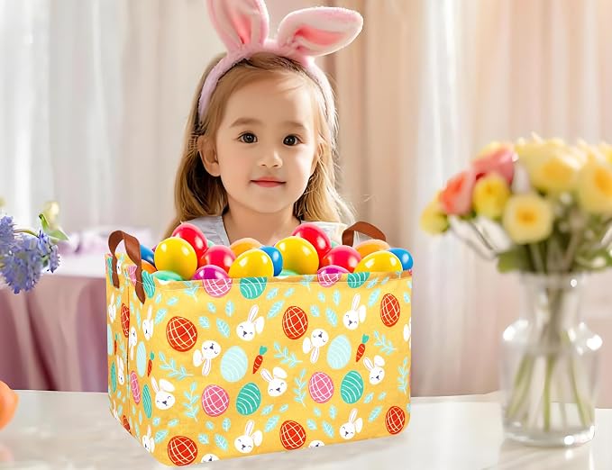 Large Rectangular Easter Baskets Empty Waterproof Boy Toy Box Foldable Kid's Gifts Storage Bin Spring Room Decor(Yellow Leaf Rabbit Egg)