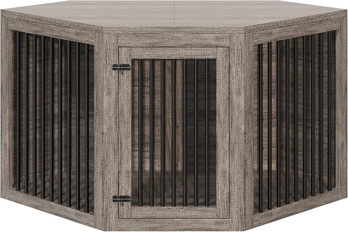 AMERLIFE Corner Dog Crate Furniture for Medium/Large Dogs Space-Saving | 3-in-1 Dog Kennel with Storage and Divider, Heavy Duty Large Cage, Grey