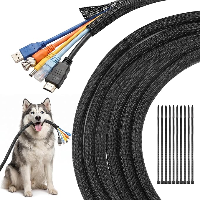 Delamu 30ft - 1/2 inch Cable Sleeve Cord Protector from Pets No Chew, Split-Braided PVC Wire Loom Tubing for Desk Computer USB TV Cord Organizer, Easy Set-up Cable Management Sleeve Kit, Black