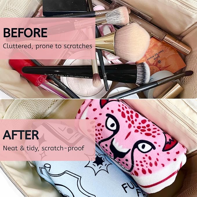 Self-Adhesive Magic Cloth Makeup Bag & Multi-Use Organizer|17.7"x17.7" Portable Travel Cosmetic Bag, Camera Lens Protector, Laptop Sleeve|Beauty Cuties Design Reusable Washable Storage Wrap