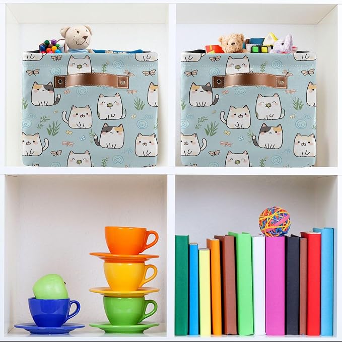 Wamika Cute Cats Storage Basket Fabric Storage Bin Laundry Baskets, Funny Cat Kitty Foldable Storage Boxes Organizer Bag for Baby Cloth Dog Toy Book Storage Cubes Shelf Closet Basket 16×12×8 Inches
