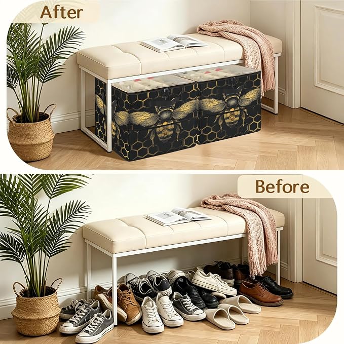 TropicalLife Wildlife Bee Shoe Organizer for Closet | Geometric Honeycomb Foldable Shoe Storage Organizer Box Bin with Adjustable Dividers and Clear Cover, Fits up to 16-32 Pairs