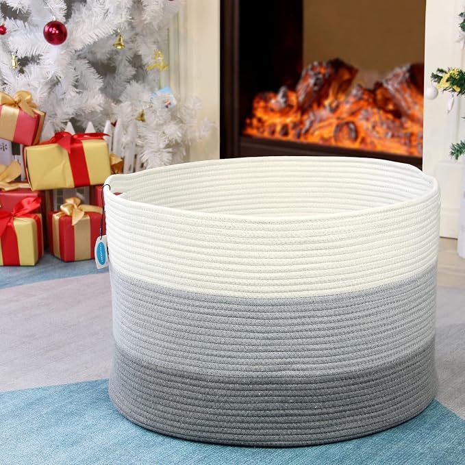 Casaphoria XXXLarge Cotton Rope Basket for Living Room - Woven Storage Basket with Handle for Blankets, Towels and Pillows Laundry Hamper | Light Gray (22" x 22" x 14")