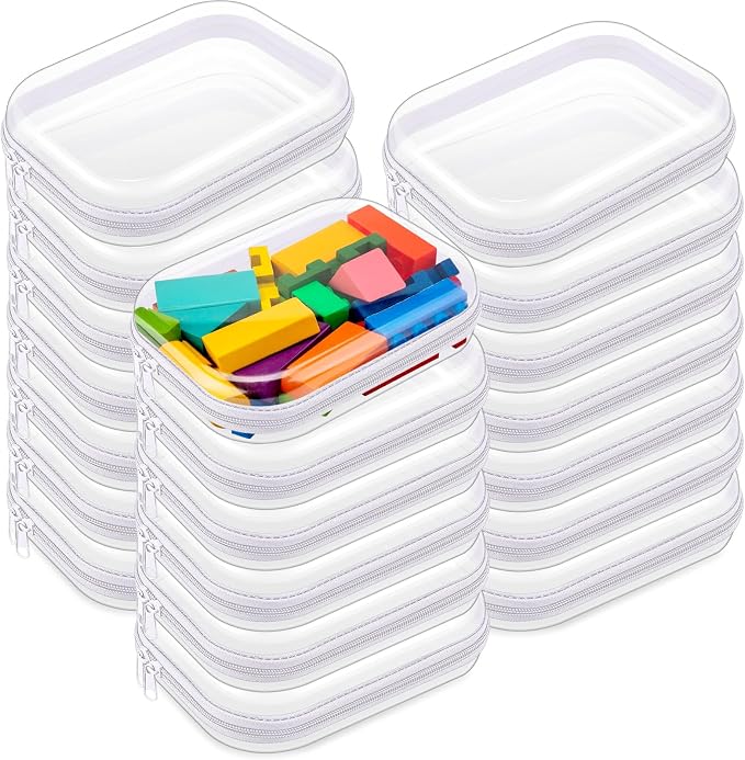 20 Pcs Clear Hard Zipper Case Bulk Hard Shell Plastic Pouch Transparent Double Zippers Toy Storage Organizer Bins for Building Blocks, Puzzles, Cosmetics(7.87 x 5.9 x 2 Inch)