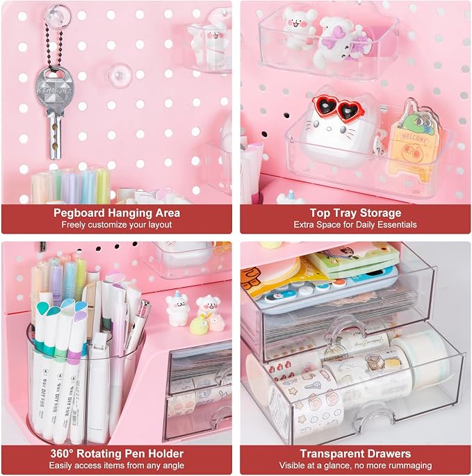 Comix Desk Organizer with 2 Drawer, Pink 360° Rotating Pen Holder for Desk | Desk Organizers and Accessories with 5 Slots Pencil Holder+Pegboard+Drawer, Pen Organizer for Home School Art Office Supplies