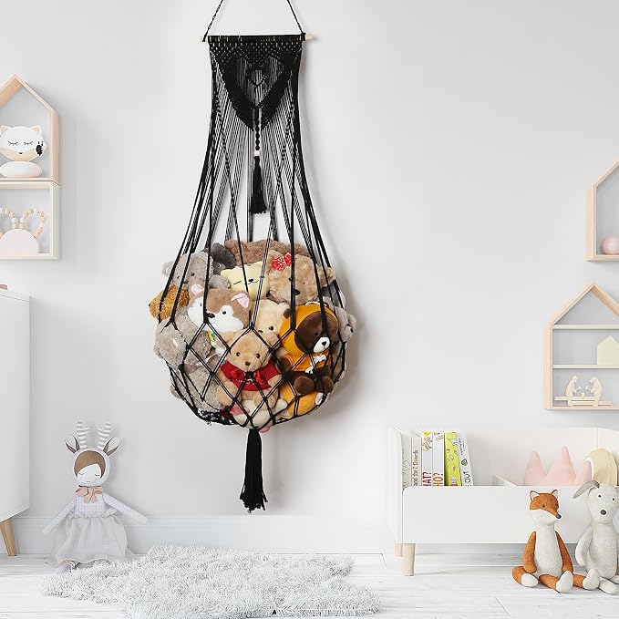 Amdermi Stuffed Animal Net or Hammock Corner or Wall Hanging Net for Plush Toy Storage Boho Macrame Toy Display Nursery Bedroom Decor Stuffy Animal Toy Organizer (Black)