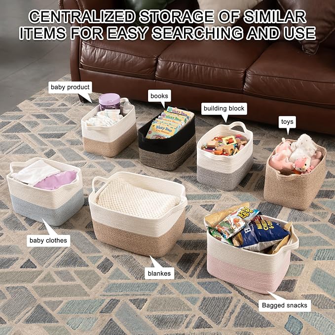 OIAHOMY Woven Storage Basket for Shelves, Rectangle Cotton Rope Baskets for Organizing, 13 x 10 x 9 in, Storage Bins for Dog Toys,Towel,Books,Gift,Black and Brown