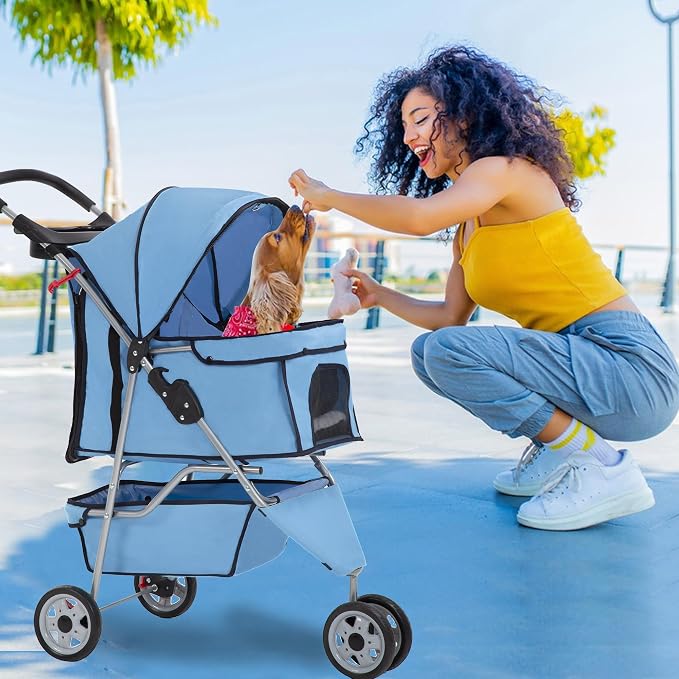 FDW Pet Stroller 3-Wheel Durable Foldable Cat Dog Stroller with Washable Liner Storage Basket Cup Holder,Blue
