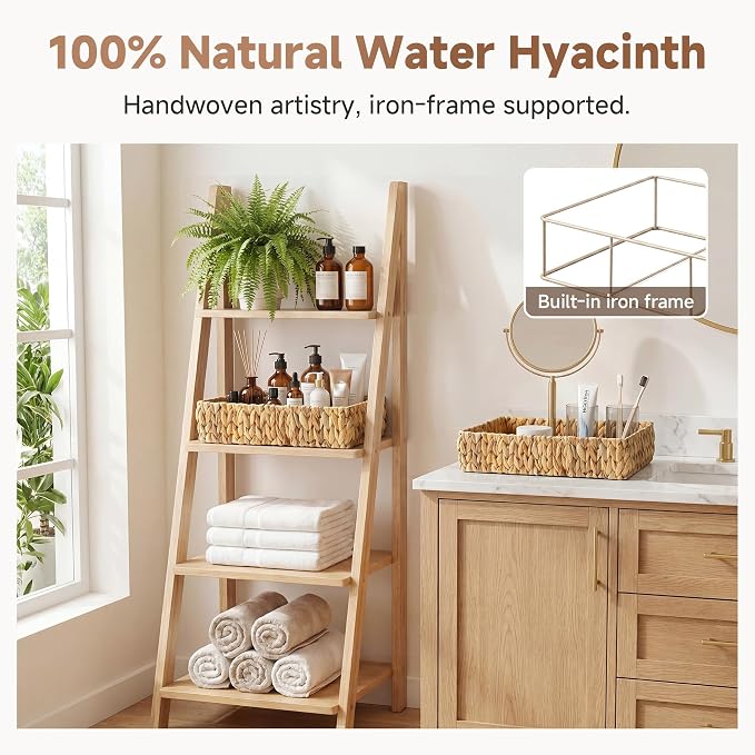 StorageWorks Large Bathroom Baskets, Wicker Storage Baskets for Shelves | Handwoven Water Hyacinth Storage Basket for Organizing, Shallow Rectangular Wicker Tray for Coffee Table, Natural, 2-Pack