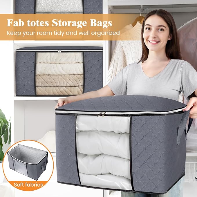 90L Clothes Storage, Foldable Thick Fabric Blanket Storage Bags | Foldable Containers with Zippers,Window and Handles for Organizing Bedroom, Closet, Comforter, Bedding,Dorm essentials