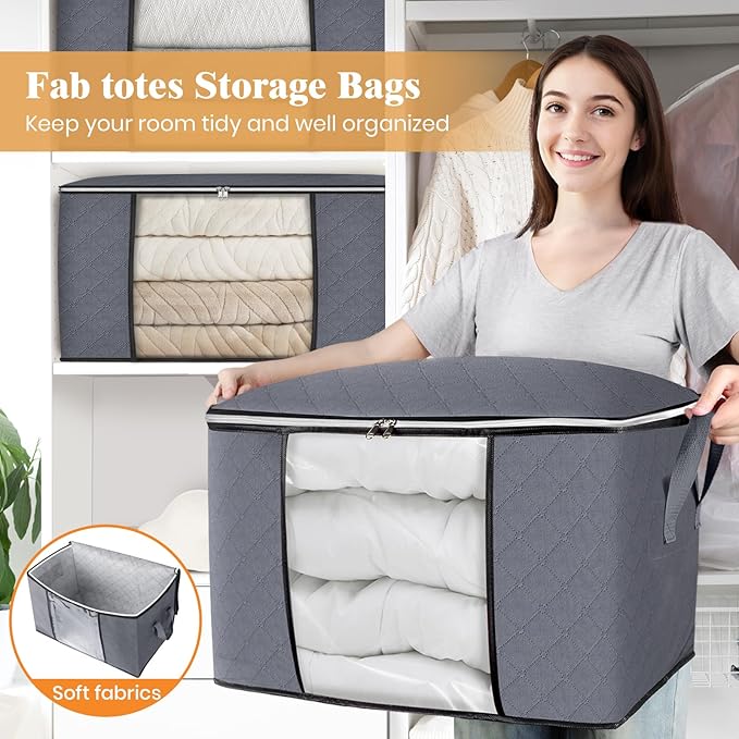 90L Clothes Storage, Foldable Thick Fabric Blanket Storage Bags | Foldable Containers with Zippers,Window and Handles for Organizing Bedroom, Closet, Comforter, Bedding,Dorm essentials