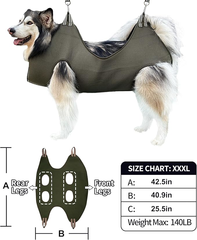 Kkiimatt 10 in 1 Pet Grooming Hammock Harness with Nail Clippers/Trimmer, Nail File, Comb,Dog Nail Hammock, Dog Grooming Sling for Nail Trimming/Clipping (XXXL/Under 140lb, Khaki Green)