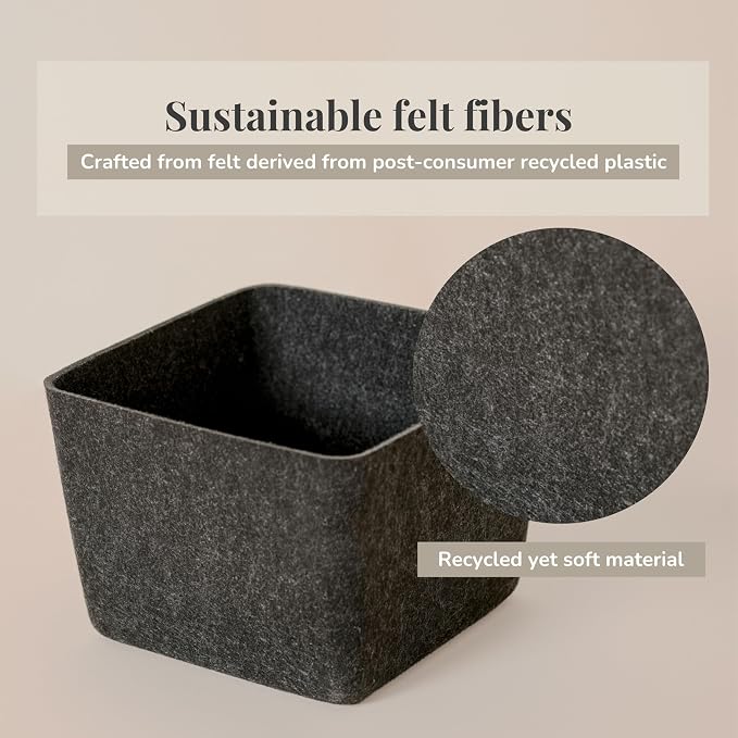 SortJoy The Sculpted Bin - Petite with Lid Set of 3 Storage Bin Felt Storage Basket Drawer Organizer Clothes Closet Cabinet Bathroom, Pantry, Kitchen Bin: 6.3" x 6.3" x 4.5" (Carbon, Dark Grey)