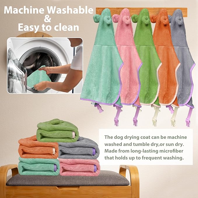 Dog Bathrobe Super Absorbent Towel Robe - Microfiber Bath Towels Fast Drying Coat for Dogs, Cute Dogs Clothes Adjustable Collar & Belly Strap Warm Keeping Hooded Dog Towel (Olive Green, Large)