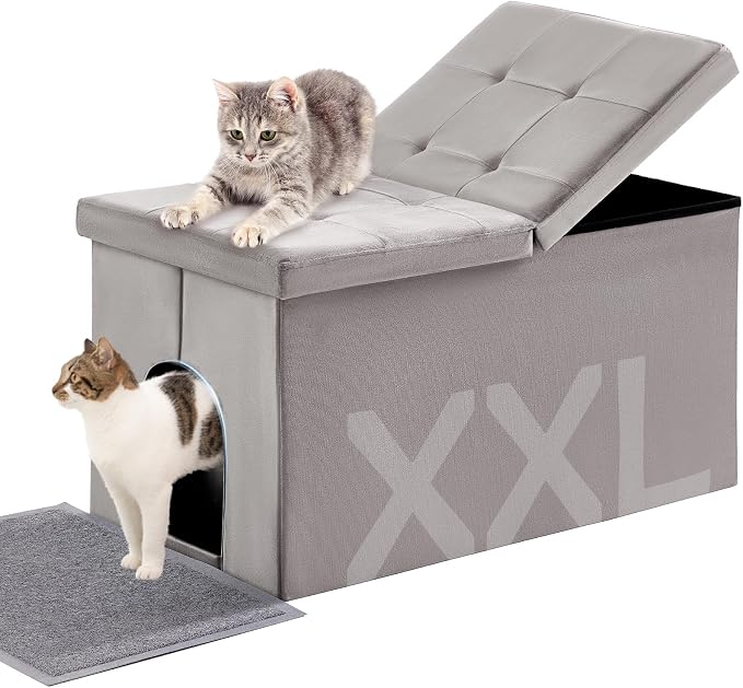 MEEXPAWS Cat Litter Box Enclosure Furniture XXL Velvet Lift Design Lid | Extra Large Hidden Cat Washroom Bench Ottoman, Storage Cabinet Dog Proof, Urine Proof, Easy Clean, Quick Assembly, Grey