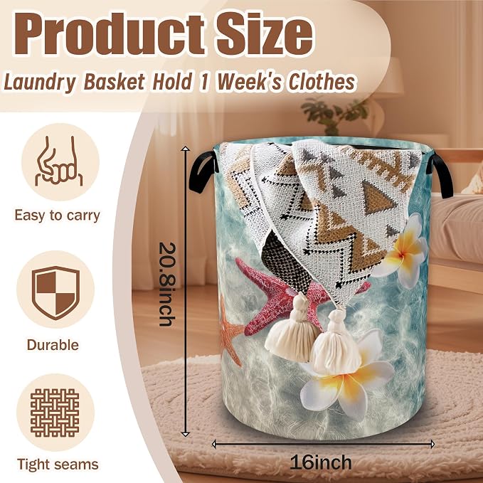 Coastal Starfish Laundry Hamper,Plumeria Flowers Laundry Baskets,Waterproof Oxford Cloth Toy Storage for Bedroom,Bathroom,Nursery,16x20.8 Inch
