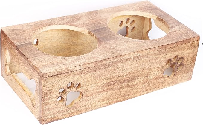 Wooden Dog Cat Pet Feeder Station Stand with 2 Stainless Steel Bowls | Raised Cat Bowl Dogs Bowl Elevated Cat Dog | Pet Dining Table for Cats and Puppy | 16 x 8.5 x 5 Inches