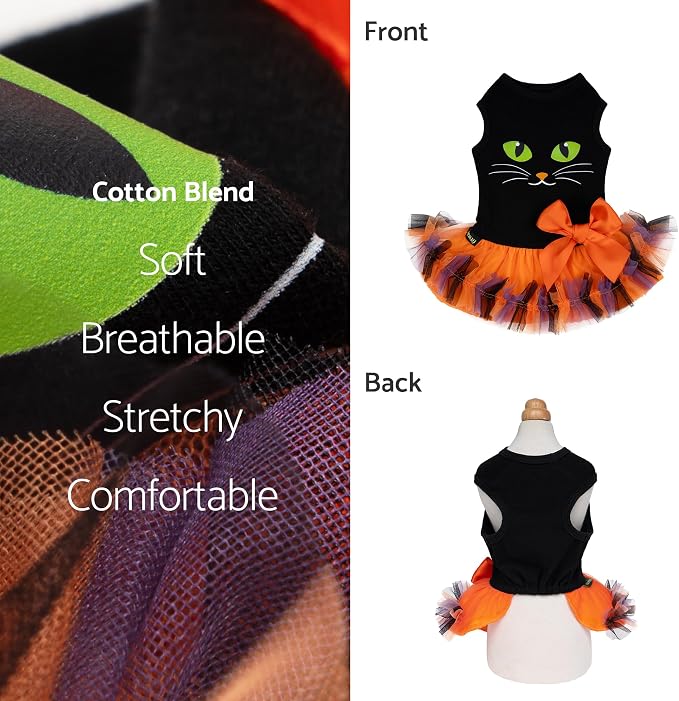 Fitwarm Halloween Cat Face Dog Dress, Funny Halloween Costumes for Small Dogs Girl, Pet Apparel, Black, Orange, Purple, Green, Large