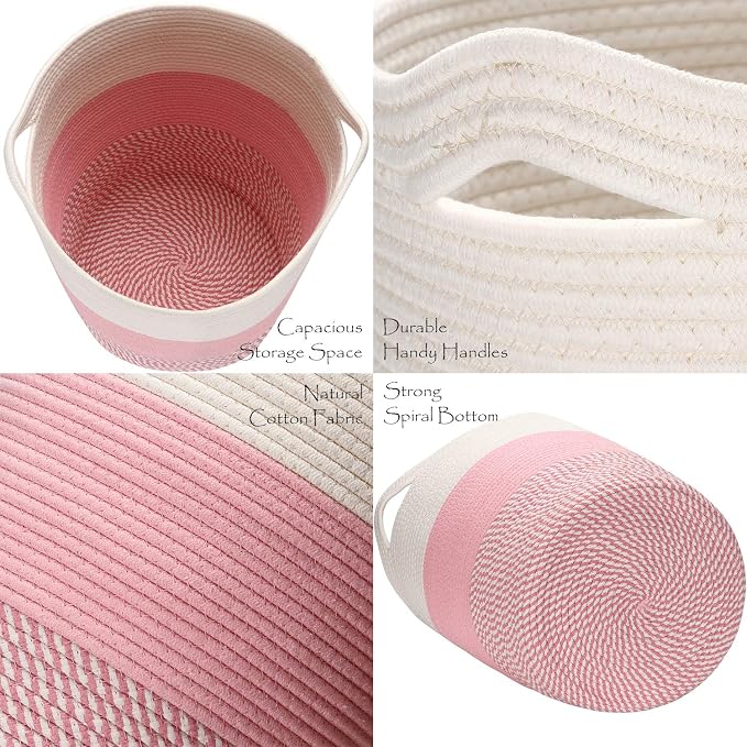 Sea Team Large Woven Cotton Rope Laundry Basket with Handles, 20 x 14 in | Collapsible Knitted Hamper, Closet Shelf Organizers, Containers for Clothing, Blankets, Toys, Bedding, Mottled Pink