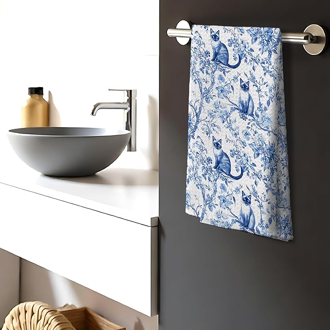 Chinoiserie Floral Siamese Kitchen Towels,Blue and White Cat Decor Kitchen Dish Tea Towels Bathroom Gifts for cat Lovers Women Men,Siamese cat Gifts,16x24 Inch