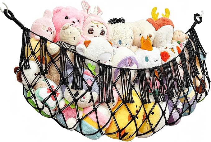 Stuffed Animal Net Hammock, Save Space Eliminate Clutter (Black) | Premium Cotton Hand-knitted plush hammock, Boho Stuffed Animal Storage for Nursery, Bedroom Decor, playrooms