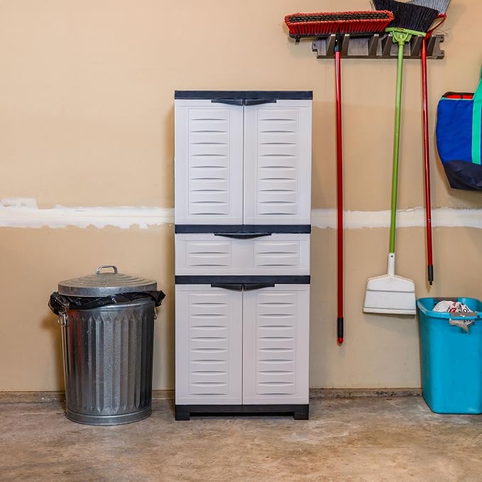 Sunnydaze 57" Garage Storage Cabinet with Doors & Shelves, Gray | Heavy Duty Resin Storage Cabinet Resists Rust & Peeling, Utility Cabinet with Drawer & Anti-Tip Kit for Laundry, Office