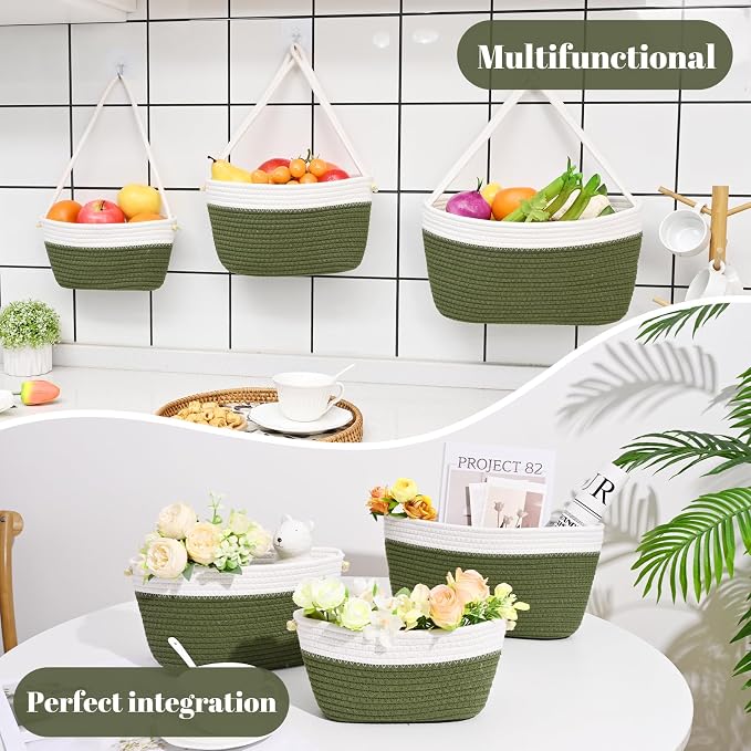 Hanging Basket, 3-Tier Woven Wall Basket with 4 Hooks, Cotton Rope Storage Baskets, Over the Door Organizer for Nursery, Bedroom, Cottage and Boho Wall Decor