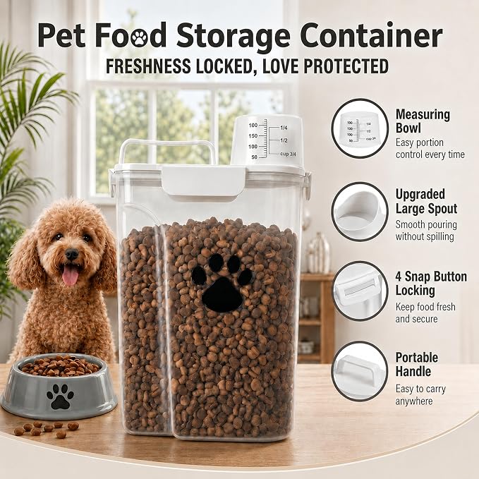 5-7Lbs Dog Storage Container with cleaning brush and Measuring Cup | Airtight Portable Pet Food Containers with Upgraded Large Spout and Cup for Dogs,Cats,Birds,2 Packs（3L+5L） White