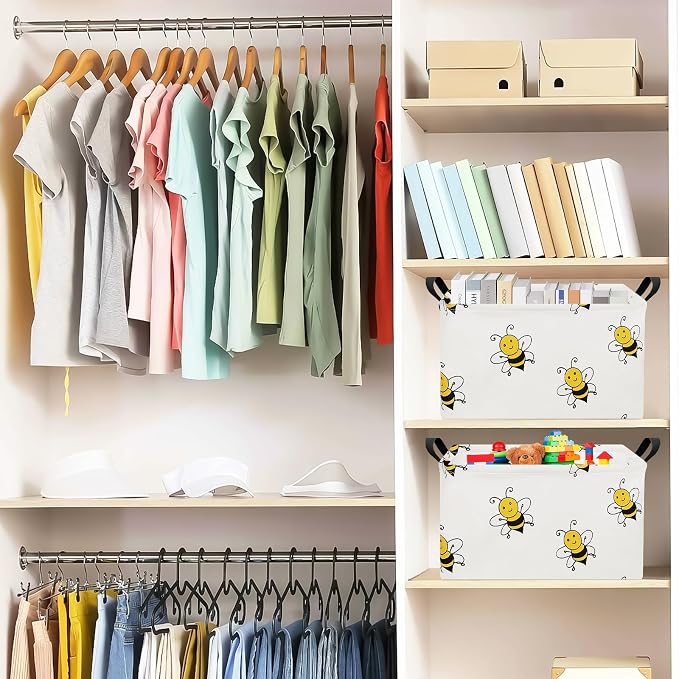Rectangular Fabric Storage Bin, Foldable Bee print Basket | Damp-proof canvas with reinforced stitched handles.Great for clothes,books & sundries in closets,playrooms,laundry rooms.