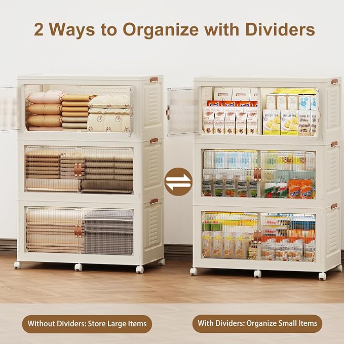 SAILUN 579Qt Stackable Storage Bins,Storage Cabinet with a Lid,3 Pack Cream