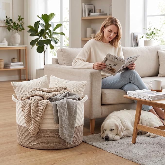 115L Extra Large Blanket Basket,Woven Laundry Basket- White & Brown | Collapsible Nursery Storage Bin with Sturdy Handles, Organizes Clothes, Toys and Pillows for Living Room, Bedroom, Bathroom