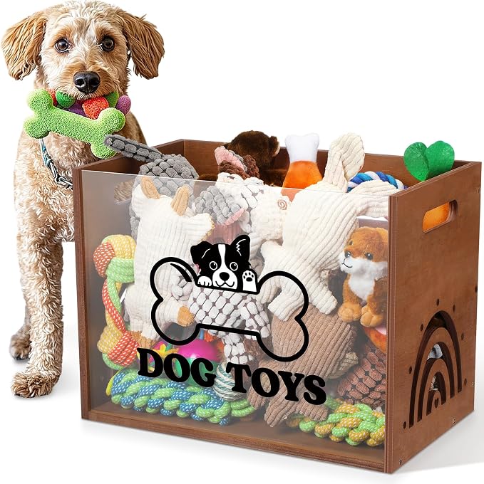 Beeveer Large Dog Toy Basket Dog Toy Box Wooden Storage Bin with Acrylic Board Storage Box for Puppy Toys Pet Food and Accessories Organizer Holder Basket for Living Room Area(Brown, Dog)