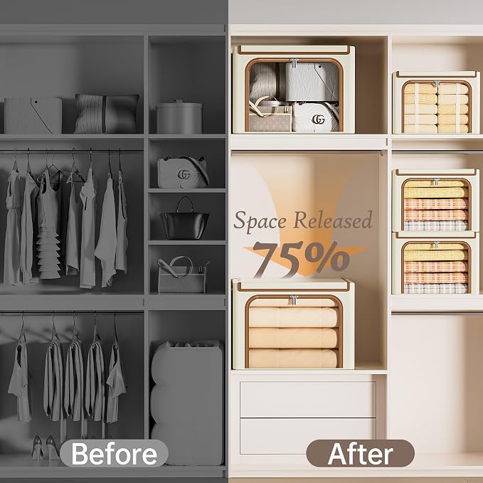 Yecaye Clothes Storage Bins with Lids & Clear Window, Beige, 40L, 3 Pack | Metal Frame, Foldable, Organizer Box Zippers & PU Leather Handles