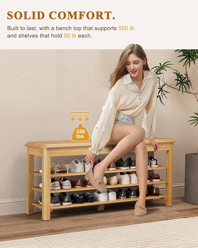 IUNVR Shoe Rack Bench Seat Rubberwood 3-Tier Wooden Storage Bench 550lbs Compact Mid-Century Modern Design for Entryway, Hallway, Closet, Front Door Entrance, Foyer