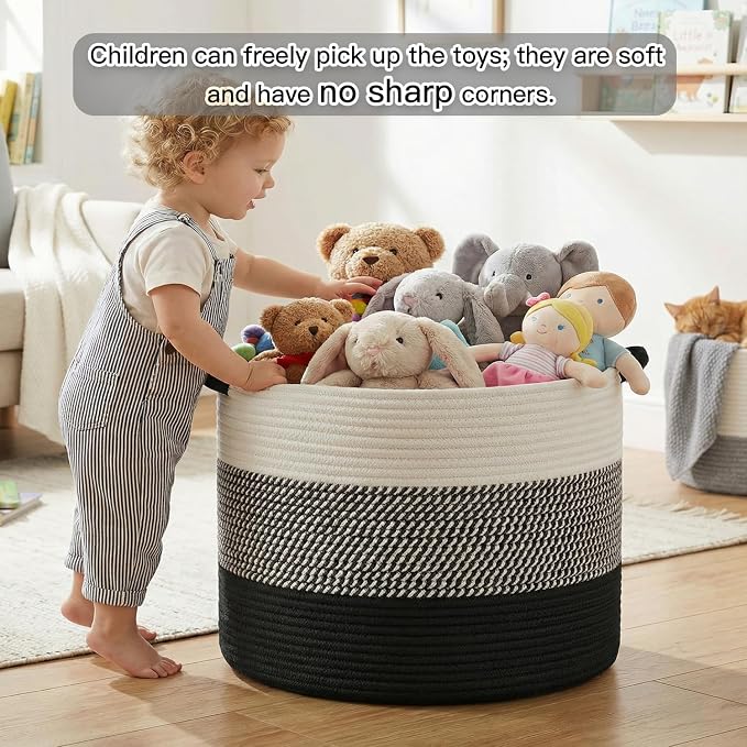 Artfeel 40L Large Cotton Rope Basket, Decorative Woven Blanket Storage for Living Room, Boho Toy Storage & Toy Box for Kids, Versatile Laundry Basket & Nursery Hamper for Blankets(Black)