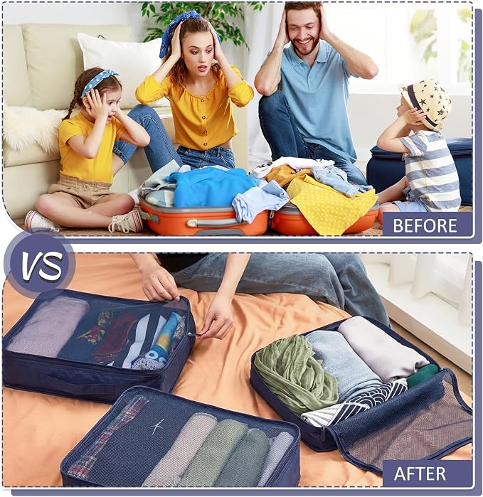 Silkfly 8 Pcs XL Packing Cube for Travel Luggage,Simple,Navy Blue | 17.7 x 13 x 4.7, Same Size, Navy Blue Suitcase Storage Organizer Set, Reusable Mesh Clothes Cube for Hiking Camp Family