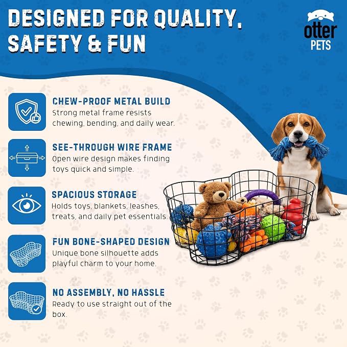 OtterPets Metal Dog Toy Basket, Bone Shaped Chew Proof Dog Toy Bin 23"x15" | 23" long, 15" wide, 8" tall, metal wire dog storage organizer, dog toy bin, dog toy box, pet toy basket,, dog toy storage
