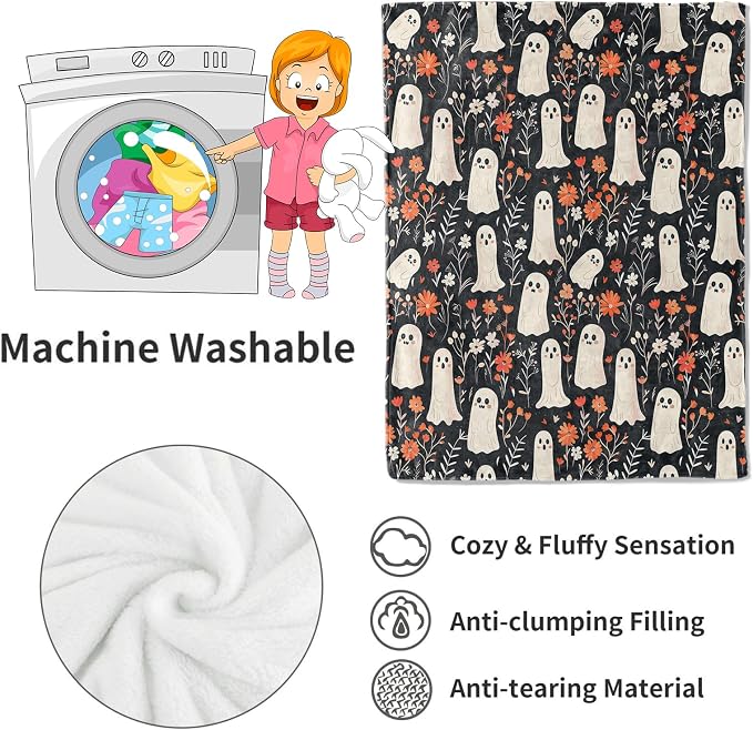 Spooky Ghost Blanket Cute Floral Autumn Flowers Throw Blankets Gifts for Kids Lightweight Soft Fleece Cozy for Sofa Couch Bed Room Travel Birthday Halloween Decor 60x80in