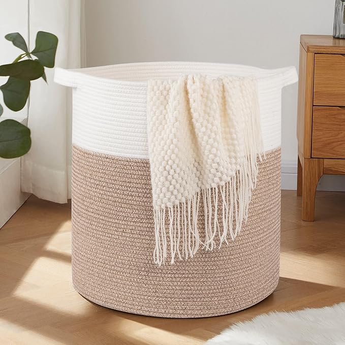 OIAHOMY 80L Laundry Basket Laundry Hamper Nursery Hamper Brown&White | Tall Dirty Clothes Hamper with Handle,Blanket Basket,Decorative Basket for Living Room,Storage Basket,Toy Storage